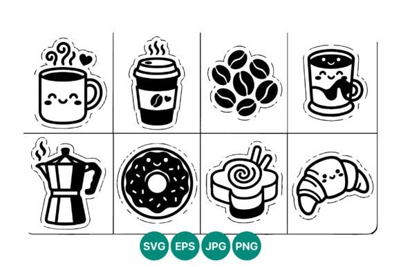 Kawaii Coffee Cup Donut Sushi Line Art Review