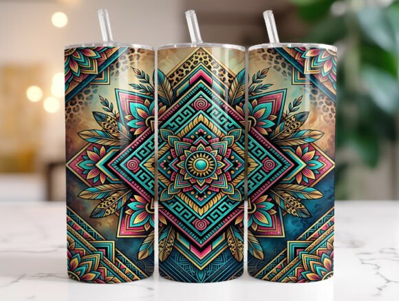 Tribal Geometric Mandala Feather Tumbler